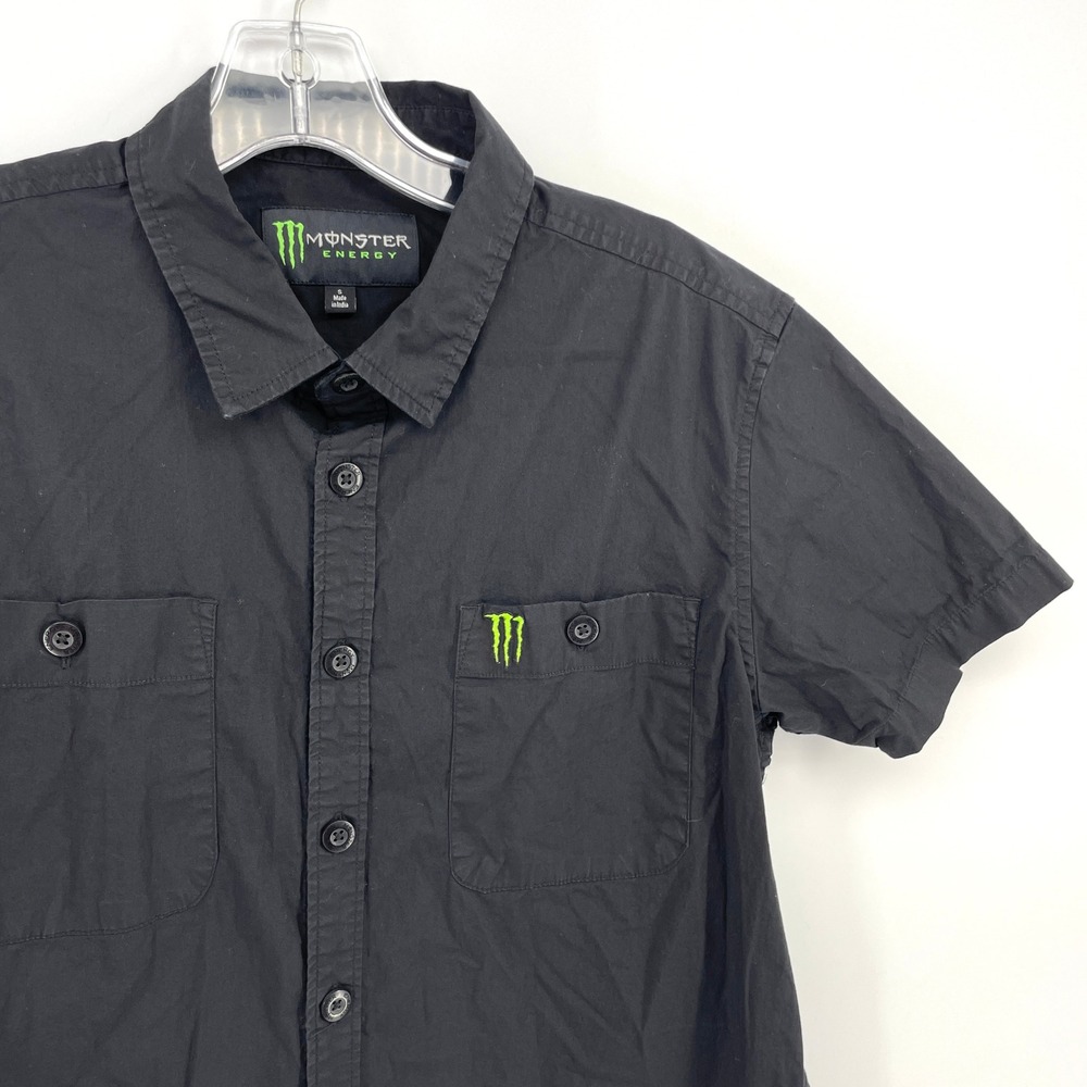 Monster Energy Mens Black Short Sleeve Button Down Work Shirt Small Embroidered